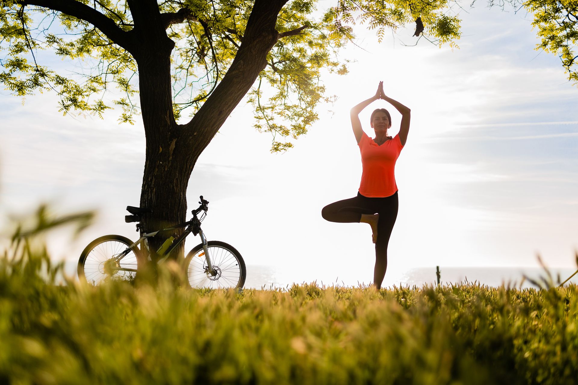 Health and Well Being Health & Well-Being - lady doing yoga in field with bike on left